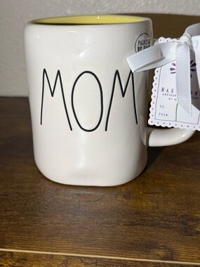 Rae Dunn MOM Double-sided Ceramic Mug with Yellow Interior & Flower 🌼
